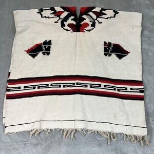 Southwestern Poncho Mens One Size Cream Red Black Horse Pattern Woven Fringe